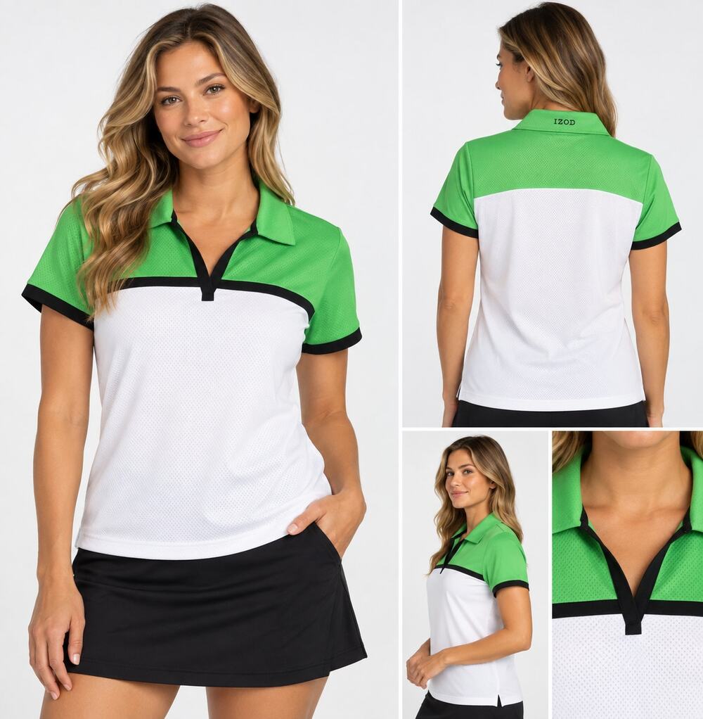 IZOD Cool FX Women’s Large Golf Polo Green White Black Colorblock Performance